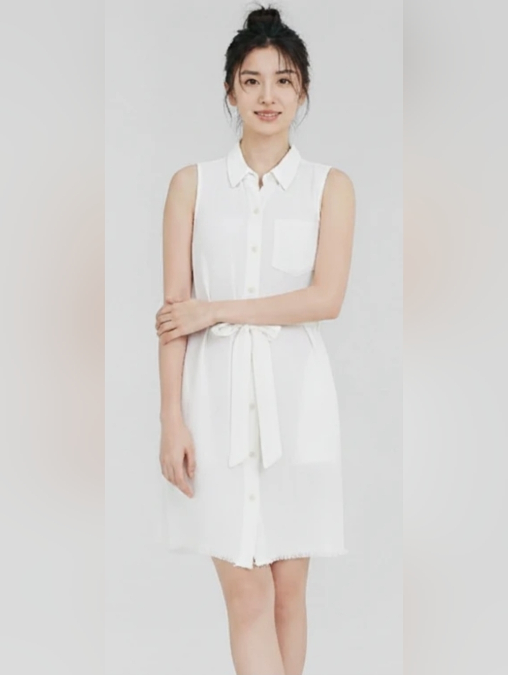 Mystree Off White Linen Blend Sleeveless Shirt Dress Front Frayed Hem Size Med